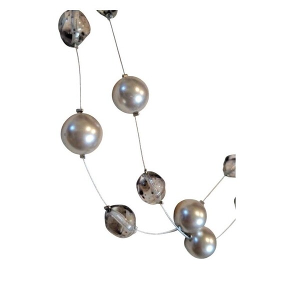 TOP FROG Gray Clear Glass & Silver Faux Pearls Double Strand Illusion Necklace - Picture 5 of 11